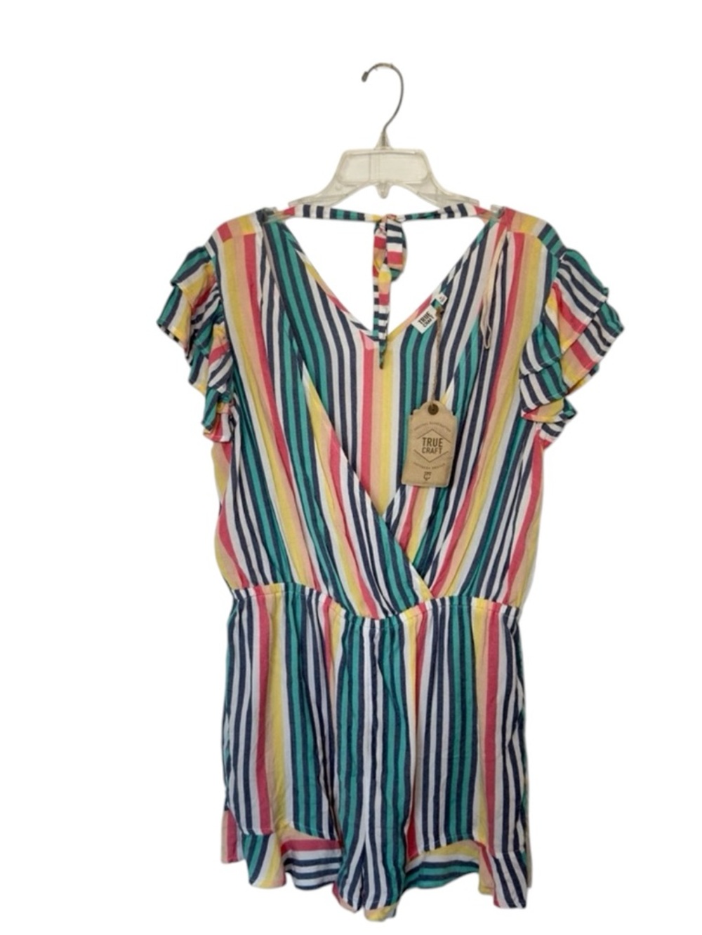 True Craft XL The Aloha Edit V Neck Multicolor Ruffle Sleeve Tie Back Romper